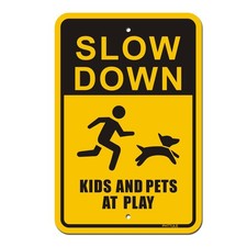 Slow Down Kids and Pets at Play Signs, 18" x 12" Reflective Metal Safety Sign...