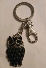Fashion Owl Keychain with Clear Rhinestones Silver Toned