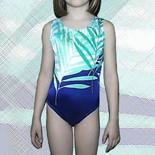 Gymnastics Leotard Girls sz CM Child 8 fern design teal navy white New Bounce