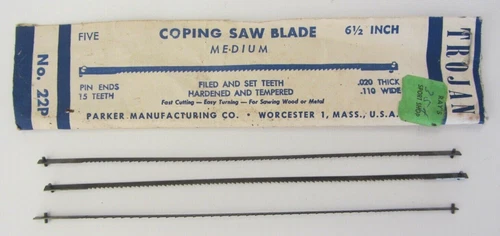 Vintage 3 Trojan Coping Saw Blades 6 ½” Medium in Package No 22P Parker Mfg USA