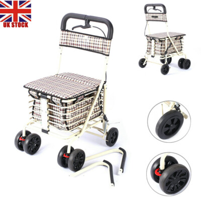 Walk Rest Folding Wheel Shopping Trolley with Seat Brakes UK