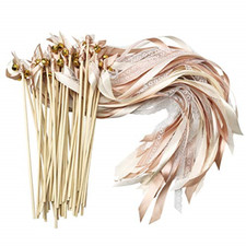 Cieovo 50 Pack Champagne lace Ribbon Wands Wedding Streamers with Bells Silk