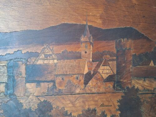 Tableau EN marqueterie sur bois paysage village. Broche signée Clauss - Photo 7 sur 10