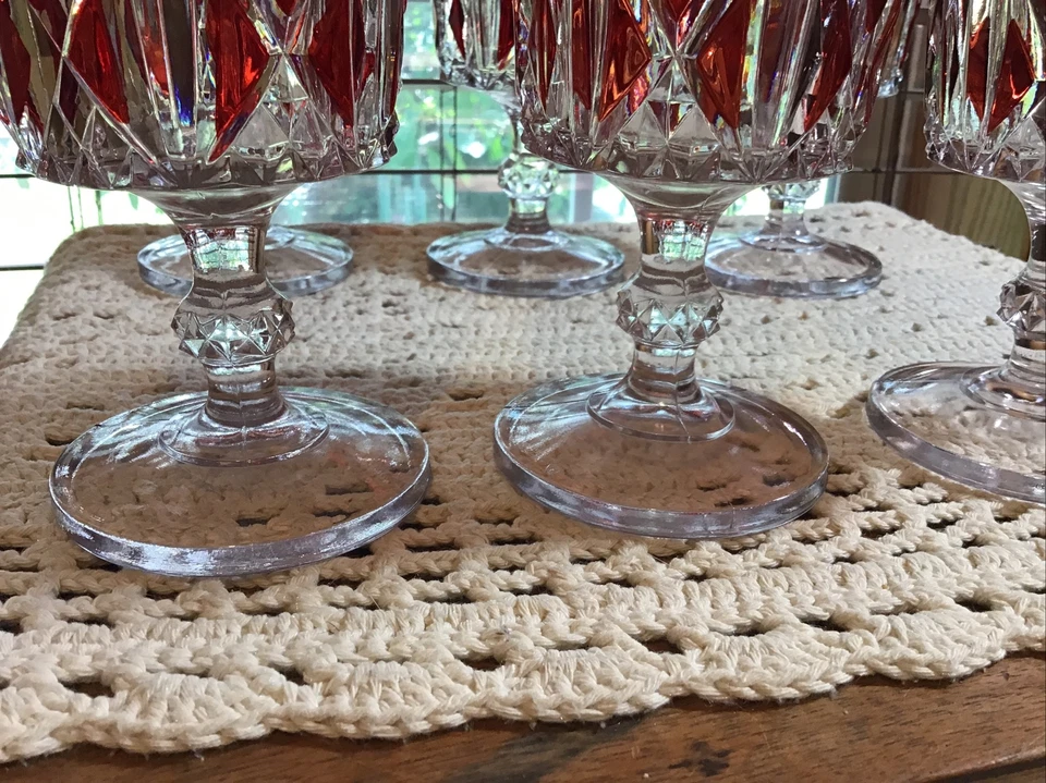 6 antique EAPG US Glass Triple Triangle ruby water beverage goblet glasses 1885 - Image 2 of 4