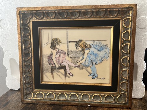 Vintage Sandra Kuck Ballerina Kunst Radierung handkoloriert auf Kunststoffbrett 15 x 13