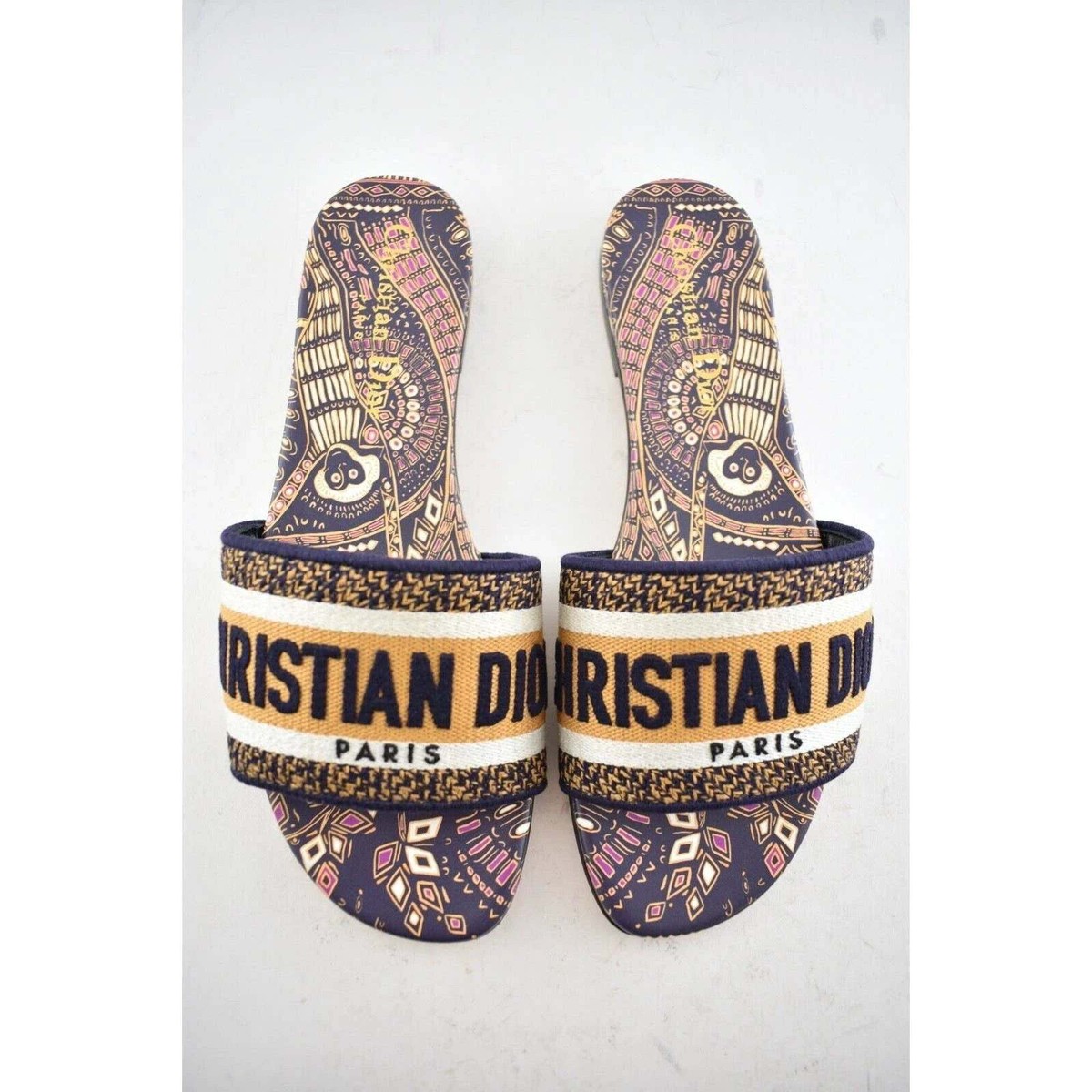 Christian Dior Dway Animals Blue Orange White Logo Slide Mule Flat