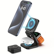 3 in 1 Wireless Charger LED Foldable MagSafe, for iPhone Apple Watch AirPods BLK