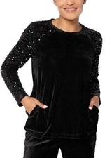LOGO Lavish by Lori Goldstein Women's Long Slv Velvet&Sequin Top Black
