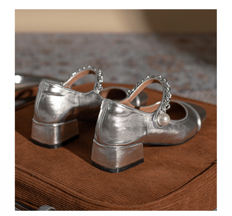 Women Silver Mary Jane Shoes Summer Square Toe Retro Pu Leather