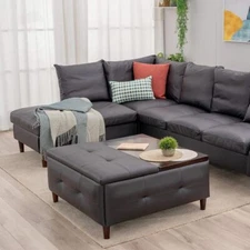 Extra Large Square Lift-Top Coffee Table Storage Ottoman with Wooden Legs