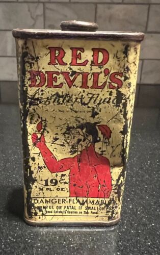 RED DEVIL'S Tin Can 19c Lighter Fluid Lead Top 4 Oz Devil Graphics Vintage EMPTY - Picture 1 of 9
