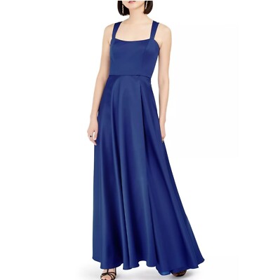 Xscape Womens Petite 12P Royal Blue Satin Square Neckline Long Dress NWT  AK20