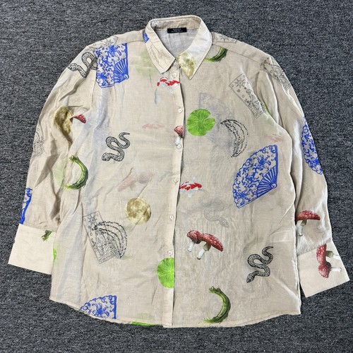 Women’s Parfois Beige Whismical Graphic Print Button Up Lightweight Blouse Sz M