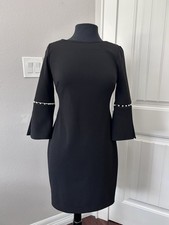 Calvin Klein Black Crepe Shift Dress Women Size 4 Bell Sleeve with Pearl Accent