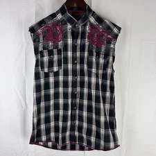 ROAR Men’s Small Plaid Sleeveless Shirt Button Snap Embroidery Western Biker