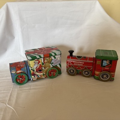 2Vtg Christmas Tin Box Storage Container Santa In Truck & Christmas Train