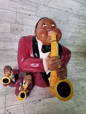 Vintage Clay Art Jazz Player Cookie Jar & Shaker Set 1996 Saxophone New Orleans