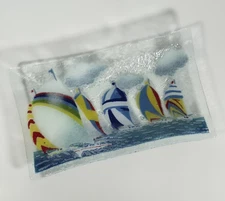 Peggy Karr Fused Glass 9-1/2" Rectangular Regatta Sailboat Decorative Plate