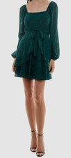 Trixxi Women's Juniors Green Tie-Waist Ruffled Jacquard Dress Size Sm