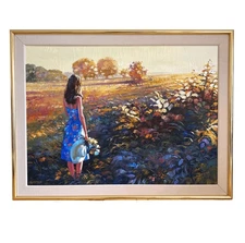 Howard Behrens Woman In Field Of Flowers Original Oil Painting on Canvas