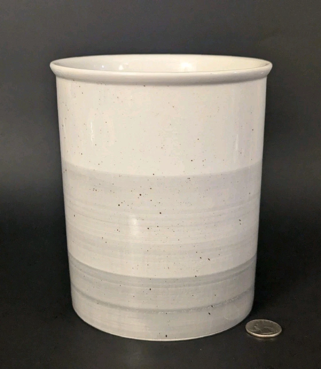 Boston Warehouse Ceramic Utensil Holder Elegant White w/ Gray Bands NEW