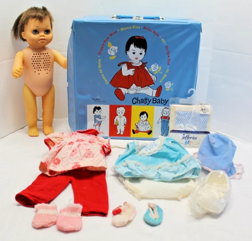 VTG Mattel Tiny Chatty Baby Doll Dark Brown Hair With Case, Outfits 1962