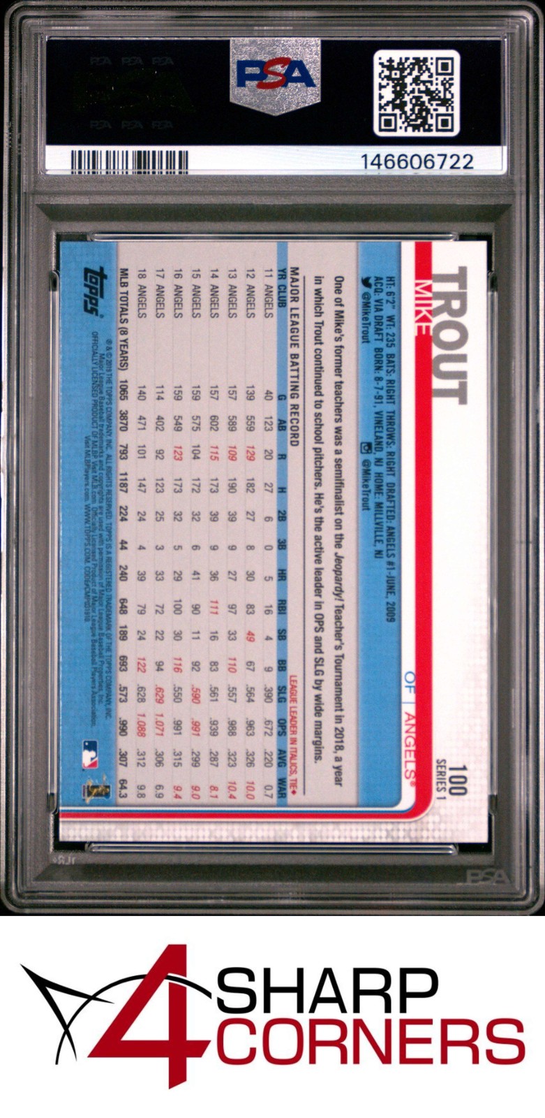 2019 TOPPS #100 MIKE TROUT ANGELS LEAPING PSA 10 view 2