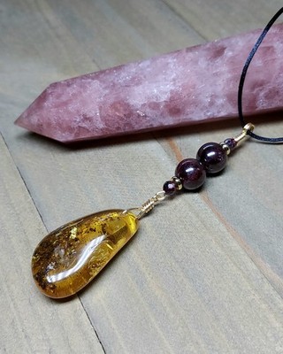 Amber Necklace With Garnet Gemstones, Gold Wired Healing Jewelry Artisan Made 