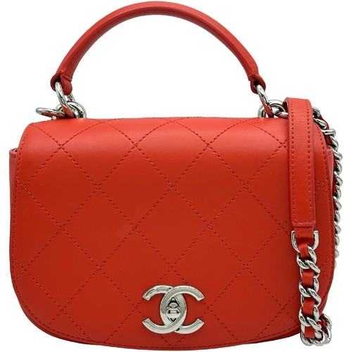 CHANEL Top Handle Flap Bag A93676 Model 23 Red Silver Hardware Calfskin Shoulder