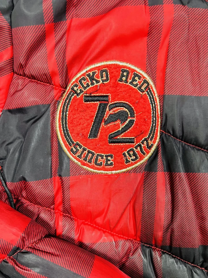 Ecko красный куртка женщин большой клетку с капюшоном искусственного меха пуховик пальто вышитый - Изображение 4 из 4