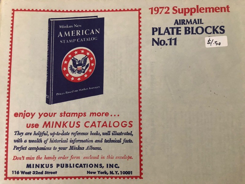 Vintage MInkus American Airmail Plate Blocks 1972 Supplement # 11