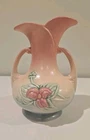 Hull Pottery W8 - 7 1/2" - Double Handle Vase - Pink w Flower Design