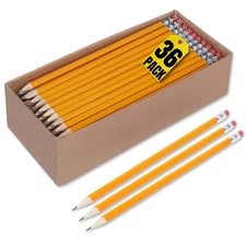 36 Pack 2 HB Woodcase Pencils, Black Lead, Yellow Barrel, Pre-Sharpened, Top