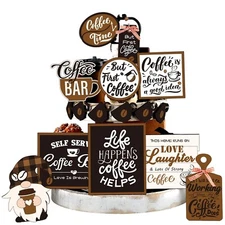 Thyle 16 Pcs Coffee Tiered Tray Decor Set Coffee Bar Wooden Signs Rustic Deco...