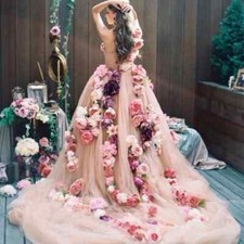 One Shoulder 3D Flower Fairy Country Prom Dresses Beach Sweep Train Gowns