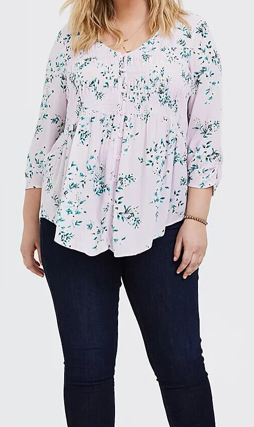 Torrid Crinkle Gauze Smocked Button Front Top Floral Pink 5 5X 28 #B44548