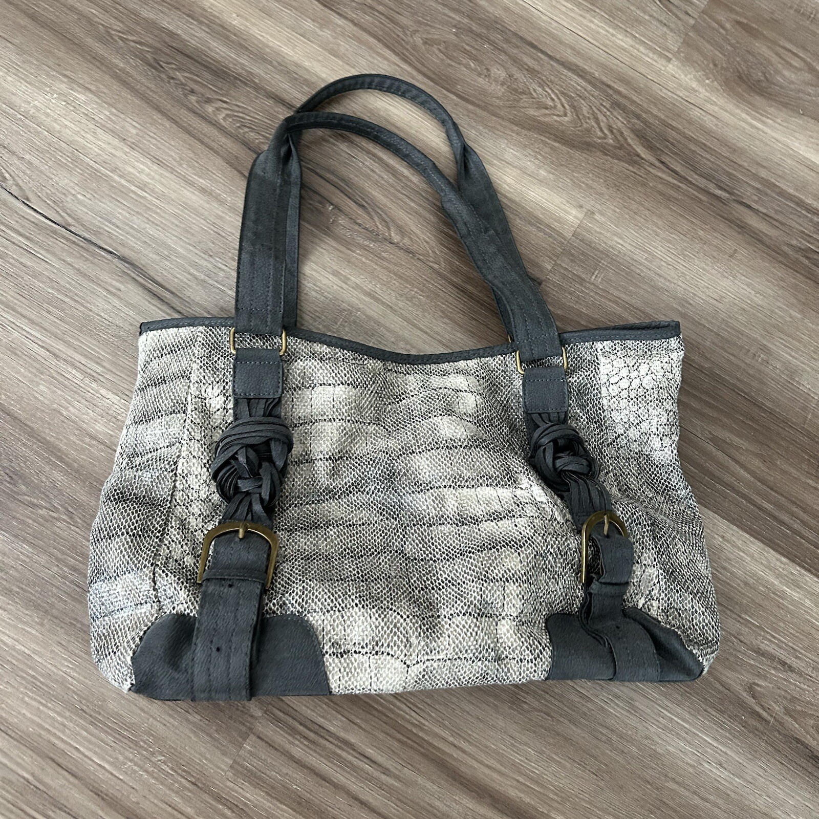 Braciano Womens Snakeskin Tote Shoulder Bag in Gray Cream for Work or Everyday Use