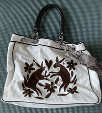 Large Nahui Ollin Embroidered Rabbit Tote W/striped Ribbon Trim/leather Handles