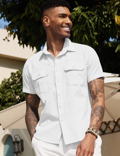 Mens Stylish Linen Shirts Short Sleeve Button Up Hawaiian Summer Camp Shirts ... - Picture 3 of 5