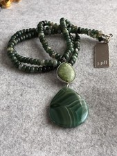 NWT J. JILL Statement Necklace Green Agate Jasper Beads Apatite Shell Pendant