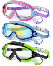 3 Pack Swimming Goggles, Kid Goggles with Earplugs Large Frame Anti-Fog/UV Wi...