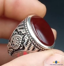 Premium Red Yemeni Agate Aqeeq Ring 925 Sterling Silver Elegant Ring For Men