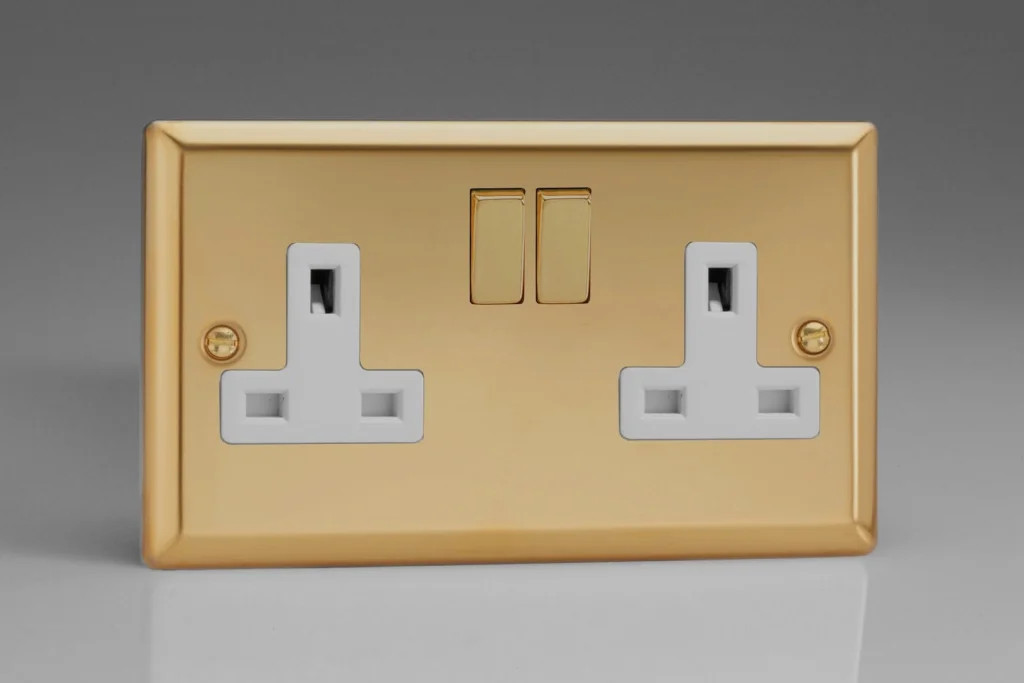 13A Socket Brass 2-Gang 2 Pole Classic Victorian + Brass/White Insert Varilight