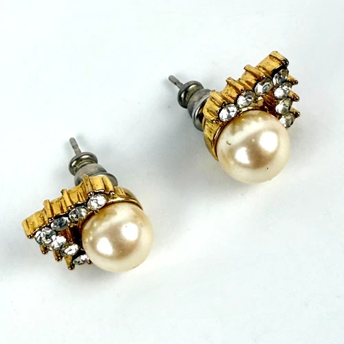 Vintage Monet Earrings Pair Gold Pearl Rhinestone V Chevron Stud Costume Jewelry