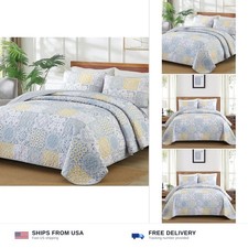 Dobuyly King Quilt Set 3 Pieces, Blue/Yellow/Grey Patchwork Bedspreads  Vint...