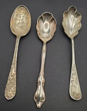 3 VTG Silverplate Serving Spoons Jam Sugar 1 English Registry Mark Ornate Herons