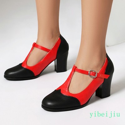 Women's Two Tone Colorblock Patchwork T Strap Mary Jane Shoes Plus Size Wing Tip