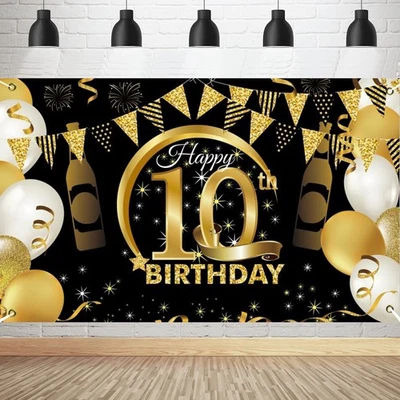 Déco 10 Ans Joyeux Anniversaire  Bannière Or Noir et Ballons pour Décoration ... - Photo 1/4