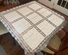 Antique Linen Handmade Cluny Lace White Tablecloth 45  Sq. Whitework Embroidery