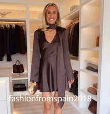 ZARA NEW WOMAN SHORT SATIN EFFECT SCARF DRESS CHOCOLATE XS-XXL 9234/331/717